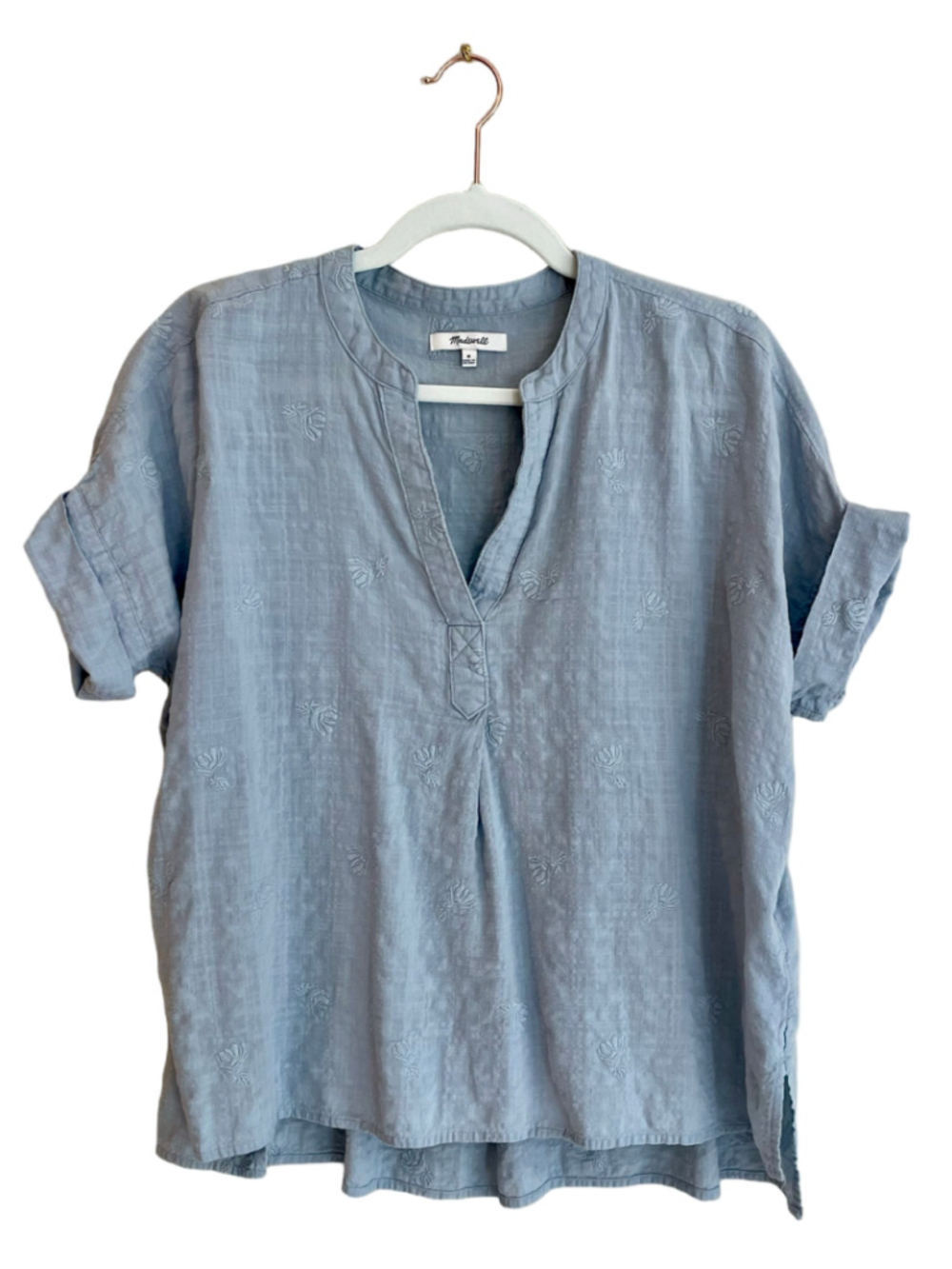 Madewell Embroidered Lakeline Popover Top M Dusty Blue Cotton Short Sleeve Flora